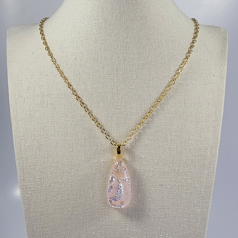 Vintage Dichroic Pastel Pink Pendant & Gold Plated Rope Chain Necklace 31"